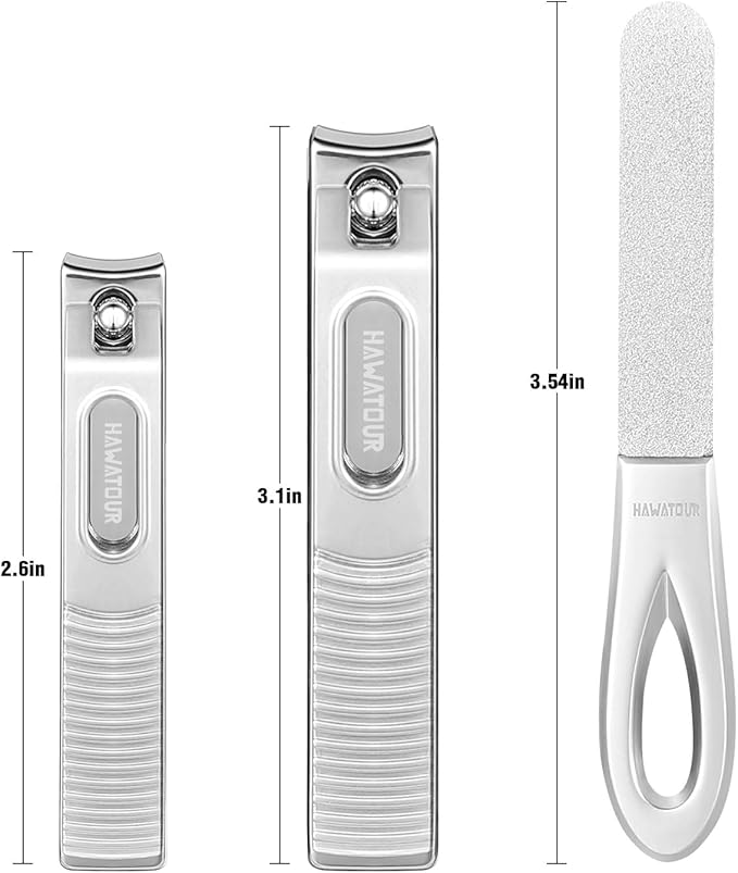 HAWATOUR Nail Clippers Set, Zinc Alloy 420J2 Stainless Steel Ultra Sharp Curved Blade Fingernail and Toenail Clipper with Visibly Tin Case, Cut-Out Design, Silver