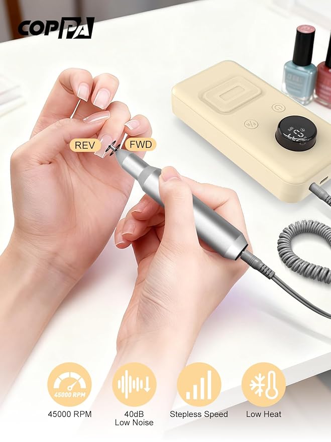 COPPA Portable Nail Drill, NDK106 Electric Nail Drill Professional Kit with 12 Bits 31 Sanding Bands, 45000RPM Rechargeable Nail Drills Machine for Acrylic Nails Gel Polishing Removing, Home & Salon