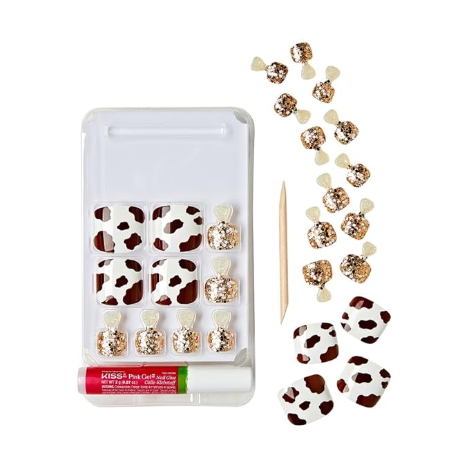 GoldFinger Trendy Press On Fake Toenail Wider Fit, Cow Animal Print & Glittering Metallic Gold Color, Ready to Wear Gel & Manicure Stick, Mini Glue included, Long-Lasting Convenient & Easy to Apply