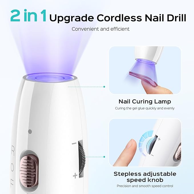 COSLUS Cordless Nail Drill Electric C41(END04): 2-in-1 Nail File with Flash Cure for Acrylic Gel Dip Powder Nails, Stepless Control for Beginner Home DIY, Portable & Professional Pedicure Kit