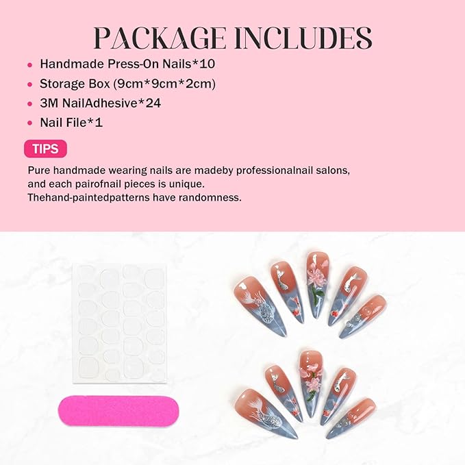 Long Almond Press on Nails Thick Handmade Nails with Glue,5D Lotus Flower Art Nude Pink False Nails Luxury Flash Koi Designs Press ons Muti-Layer Gel Handmade Nail for Women (Size S)