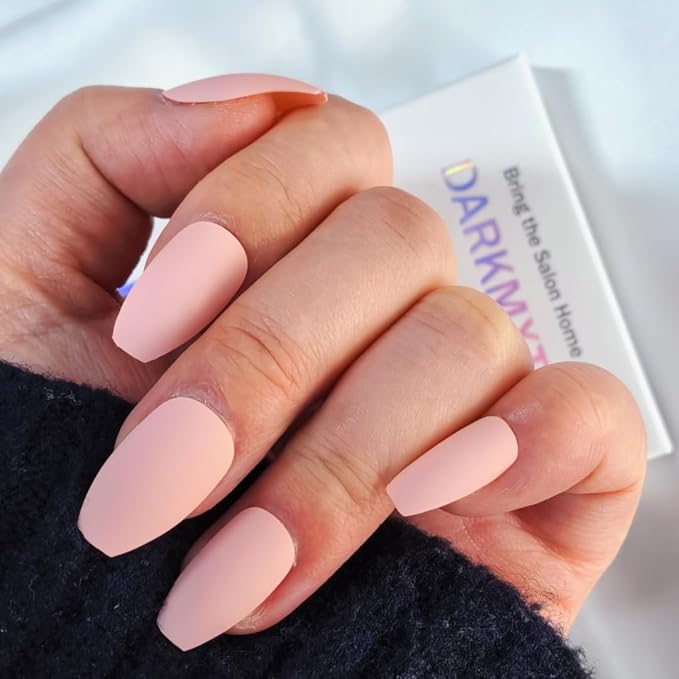Press-On Nails | Pink Matte Blush Almond Shape | Reusable Fake Nails with Adhesive Tabs & Glue (24 Pcs)