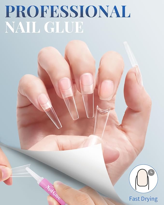 MORGLES 240 Pcs Half Cover Coffin Nail Tips Clear Acrylic Extra Long False Nail Tips with Glue, Clipper, Files and Cuticle Fork for Salons and Home DIY