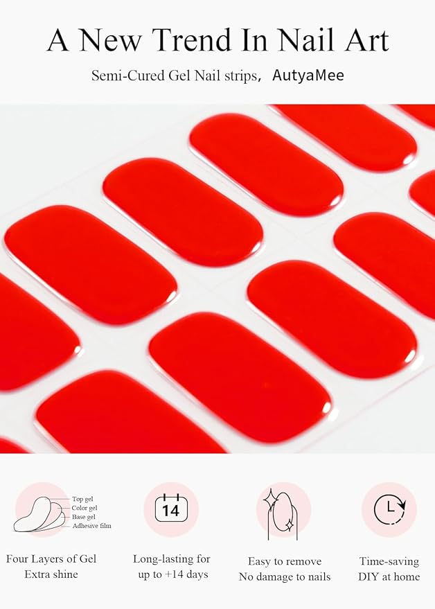 Semi Cured Gel Nail Strips (Shiny Red), 20 Pcs Summer Gel Nail Wraps, Stickers, UV Light Required, Salon Quality, Long Lasting