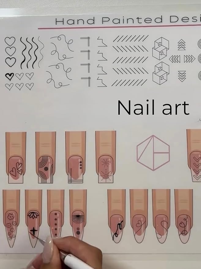 Gel & Acrylic Nail art Practice Sheet,Reusable Nail Art Training mat DIY Sticker Stencil Guide French Tip stiletto Nail Sculpting 3D Nail Design Worksheet Nail Tech Practice Gel X acrylic nails (11)