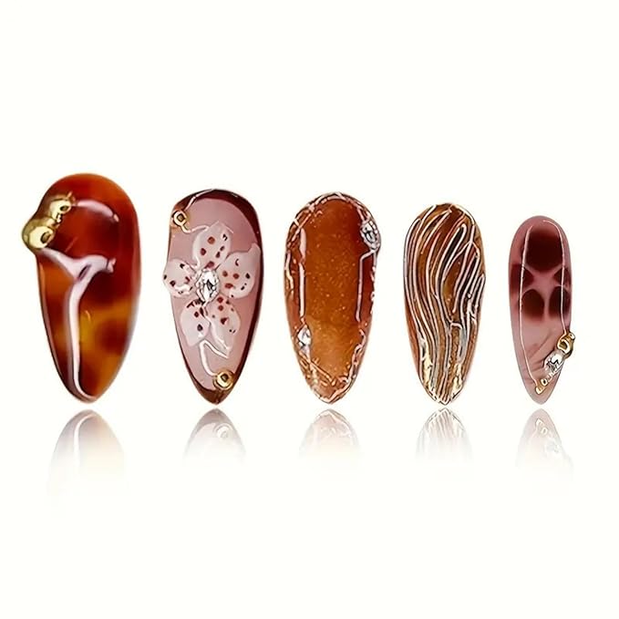 Medium Almond Press on Nails Brown Fake Nails Floral Artificial Nail with Gold Charm Designs Glitter Stick on Nail for Women 24pcs