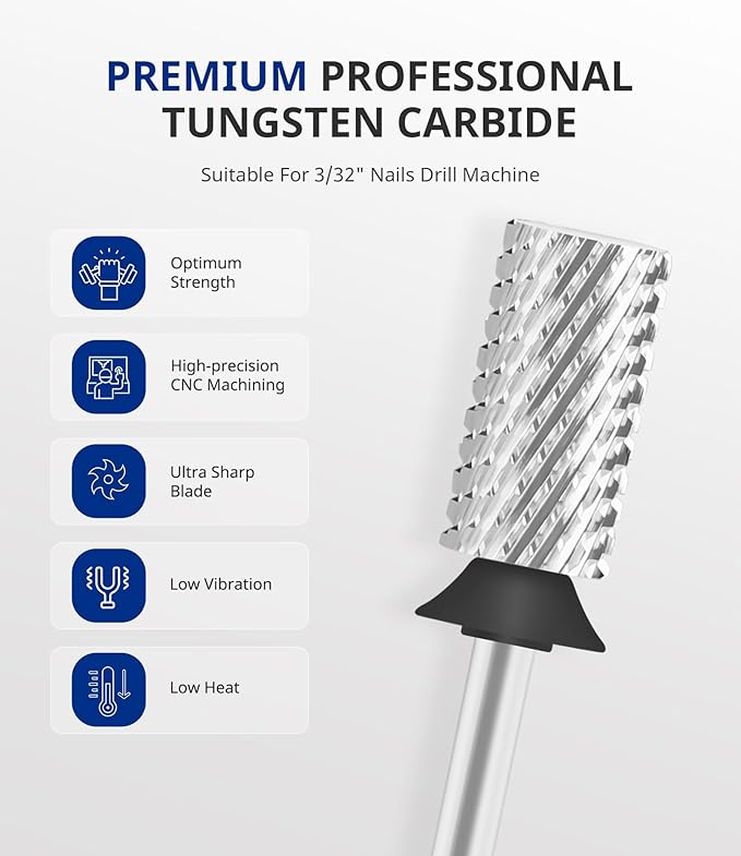 AIRSEE Tungsten Carbide Acrylic Nail Drill Bit Efile Electric File Machine Head Tip for Manicure Polishing Art Remove Gel 3/32" 2 Way Professional Tech Flat Top Cylinder Barrel Extra Coarse-XC