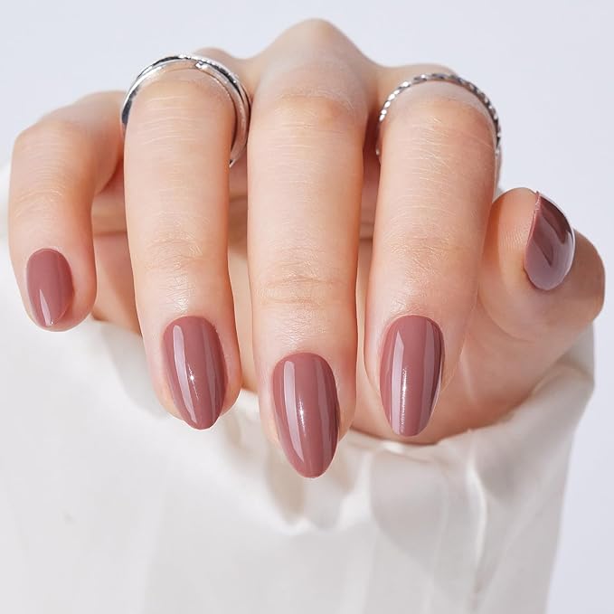 Press On Nails - Findigit Short Almond Cameo Brown False Stick Glue On Nails, Reusable Stick On Fake Nails with Glue Salon Quality,Natural Fit 16 Sizes - 32 Nail Kits, Coffee Cream