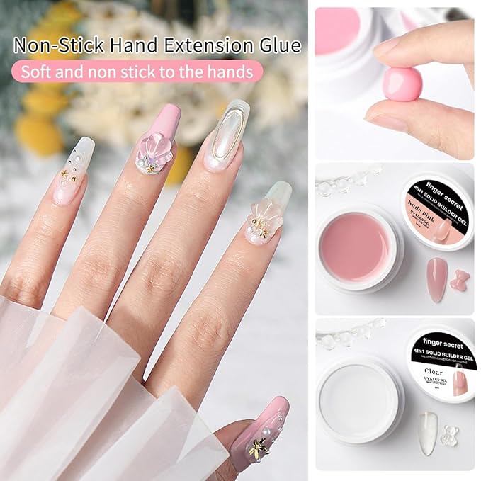 Clear Solid Builder Gel Set, Nail Extension Gel with Nail Art Tools, DIY Non Stick to Hand for Long Lasting Manicures Poly Gels