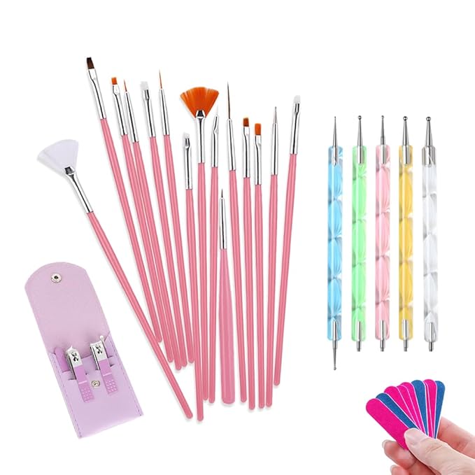 Nail Art Tool Set ,Nail Clippers Set， Painting Brushes Set， 2-way Drawing Dotting Painting Pens.Stainless Steel Durable Nail Clipper Care with Portable Leather Case，Give Nail File.（34PCS）