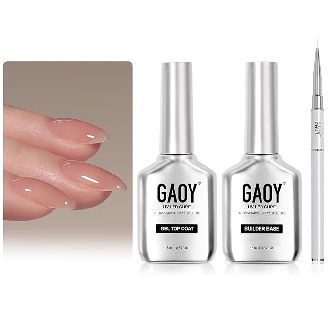 GAOY 2 Pcs Glassy Gel Top Coat and Rubber Base, Jelly Builder Base Nude Sheer Pink 01 Lush Nude with Detailed Liner Brush, Soak Off Nail Strengthener UV Light Cure