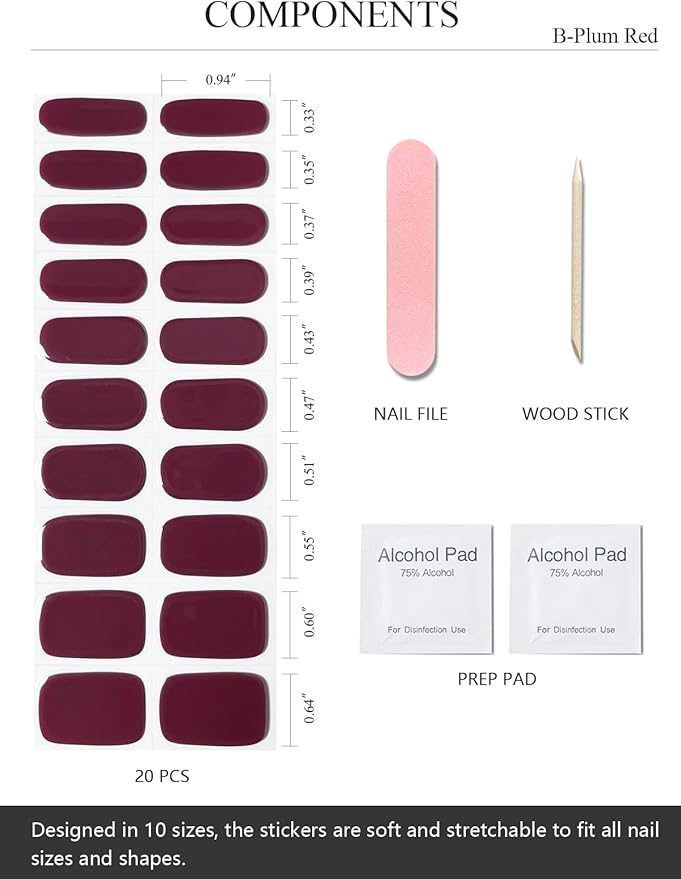Semi Cured Gel Nail Strips (B-Plum Red), 20 Pcs Gel Nail Wraps, Stickers, Long Lasting, Works With Any UV Lamps