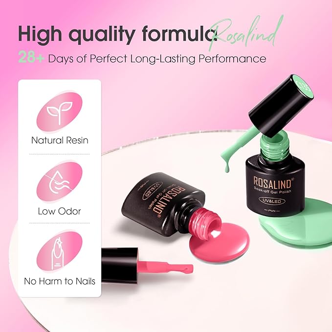 ROSALIND 30PCS Gel Nail Polish Set with Base Glossy Matte and Glitter Top Coat Gel Polish, Pink Green Hot Pink Gel Nail Set Soak Off Gel Polish Set