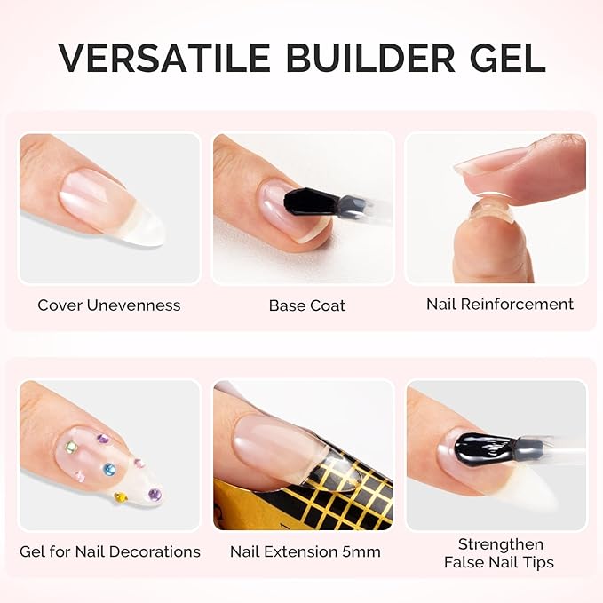 MelodySusie 2PCS 15ML Clear Milky White Builder Nail Base Gel for Nails Thickening,Soak Off UV Extension Gel,Rhinestone Nail Glue in a Bottle for Nail Art Design Gift for Women