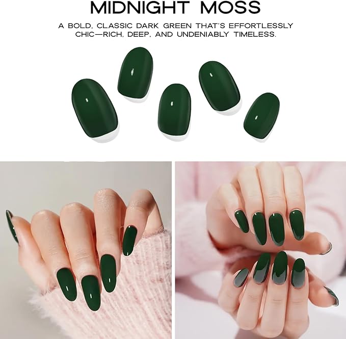 Semi-Cured Gel Nail Strips - 20 Salon-Quality Gel Sticker with UV Light Required, Long Lasting, Easy Application & Removal, Includes Prep Pad, Nail File, Wooden Stick (Green Moss)