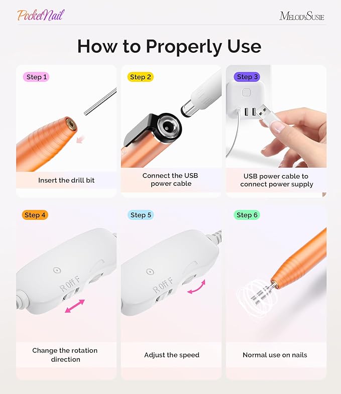 MelodySusie PocketNail Slim Ergonomic Pen-Shaped USB Nail Drill, PC100G 20000RPM Portable Electric File for All Manicure, Pedicure Nail Care, Shaping & Gel Removal at Home for Beginners
