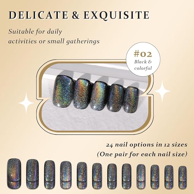 evpct Black Chrome Metallic Cat Eye Press on Nails Square Medium, Stick on Nails Medium Length Square for Women, Black Metallic Nail press ons, Iridescent Glitter Halloween Acrylic Fake Press on Nail