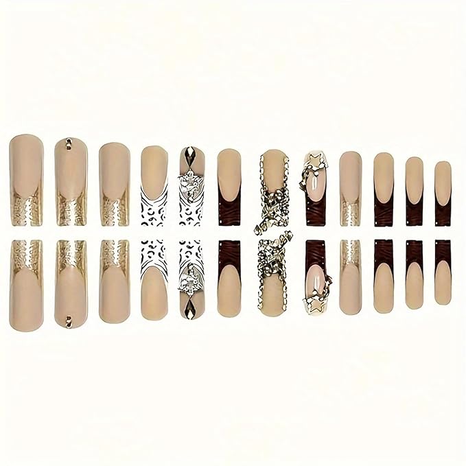 Press on Nails Coffin Long Length Acrylic Glossy Full Cover Square Shaped French False Nails with Designs Artificial Extra Long Fake Nails with Charms Glue ons Fingernails for Women(C080)