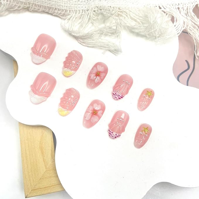Handmade Press on Nails Flower Press on Nails French Tip False Nails with 3D Star Designs Short Almond Shaped Fake Nails Glossy Full Cover Artificial Acrylic Nails for Women (Size S)
