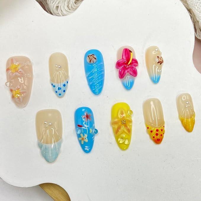 Handmade Press on Nails Summer Shell Press on Nails Medium Almond Fake Nails Flower French False Nails Starfish for Girls Manicure Art Decoration Accessories (Size M)