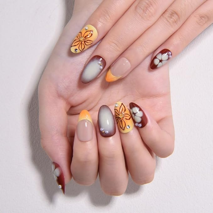 3D Flower Press on Nails Medium Almond with Design, Red Nail + Gold French Tip Glossy Stick on Nails for Women with Kit, Reusable Soft Gel Stick on Fake Nail with Flower Floral Designs Perfectly Fit
