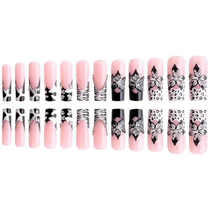 Square Press on Nails Long Cow Print Fake Nail 3D Flowers Designs Acrylic Nail Press ons Sparkly Rhinestones Stick on Nails for Women 24pcs