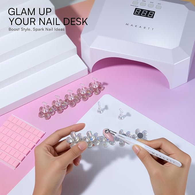 Makartt Press on Nail Stand: Magnetic Nail Holder for Painting Nails DIY Pink and Clear for Art Display Practice, Pink & Clear Glitter Flower Fake Holder for Home Salon with Reusable Adhesive Putty