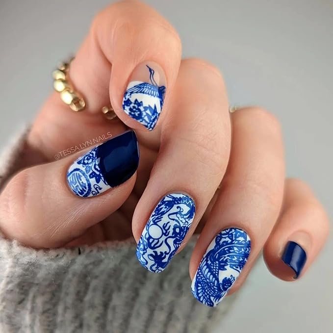 Maniology Porcelain Nail Stamping Plate | Chinese Ceramic–Inspired Floral Designs for Elegant DIY Manicures – Reusable, Rectangular Stainless Steel Nail Art Template