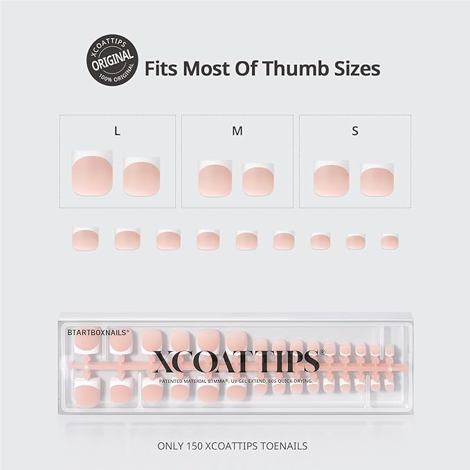 BTArtboxnails XCOATTIPS Toe Nail Tips - Lamp-Curable Sharp Square Nude Press On Toenails for Women, 150 Soak Off French Tip Toe Nail Extensions in 15 Sizes, Builder Gel & Top Coat Required