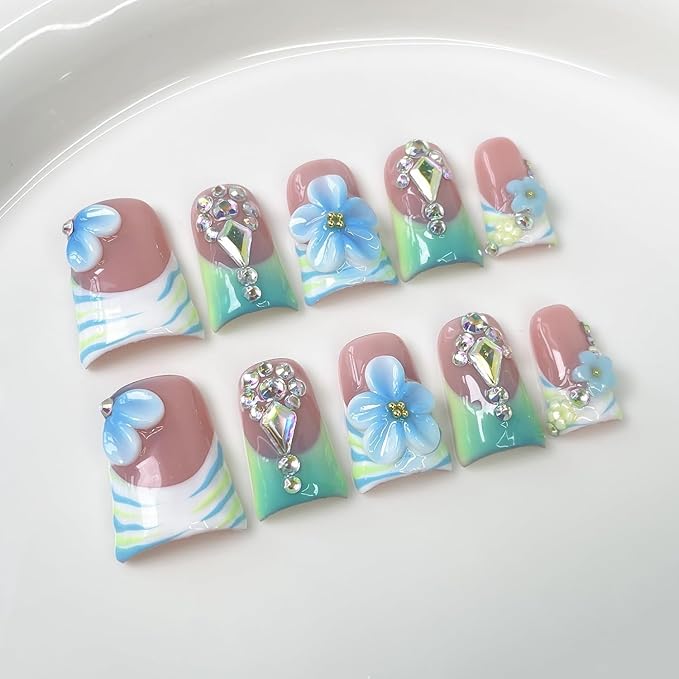 Handmade Press on Nails 3D Blue White Gradient Flower Fake Nails Short Duck False Nail Kit French Tip Luxury Handmade Rhinestone Design Muti-Layer Gel Stick on Nails Acrylic Nail for Women (M)