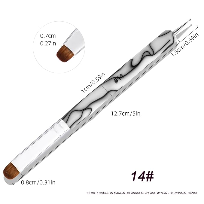 French Manicure Brush - 2 Way Nail Art Brush with Dotting Tool for Cuticle Clean Up & Nail Art Design - Professional Salon Quality, White, 14#