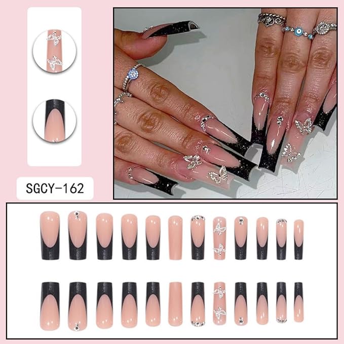 Black French tips Press on Nails Long Square Fake Nails with Silver Bow Charms Design Glitter Glue on Nails Rhinestone False Nails Glossy Reusable Fingernails for Women Girls Manicure 24pcs