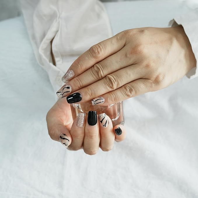 Marble Press on Nails, Handmade Short Coffin Black White 3D Glossy Acrylic Fake Nails Zebra Print with Silver Glitter Effects for Modern Art Nails (Zebra Stripe,L)