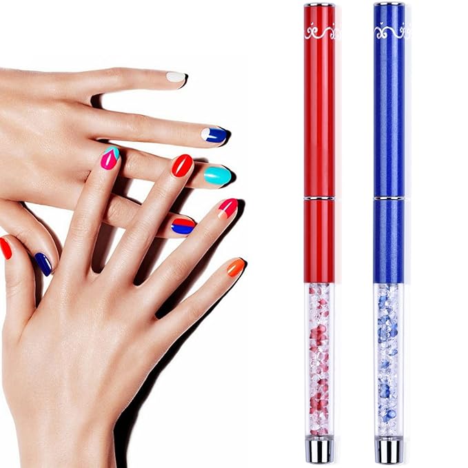 2Pcs Oval & Flat UV Gel Nail Brush Set Rhinestone Handle Professional Nail Art Design Brushes Multi-colored Size 8