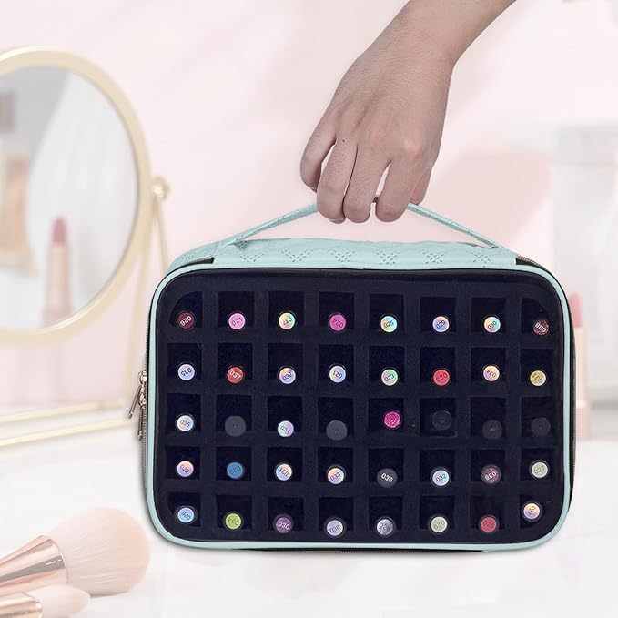 Nail Polish Bag organizer-Holds 40 bottles(15ml-0.5fl.oz)，Nail Polish Carrying Case Clear Multifunctional Cosmetic Travel Cases Makeup Bags Green