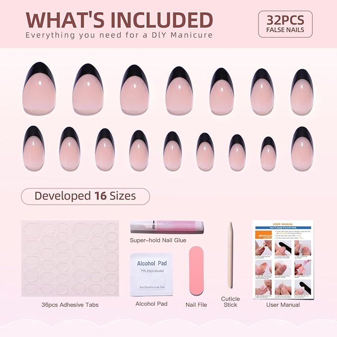 French Tip Press On Nails Almond Short Fake Nails with glue, Soft Gel Black French Tip Press on Gel Nail, Reusable Stick On Nail in 16 Sizes - Glue On Nails 32 Pcs