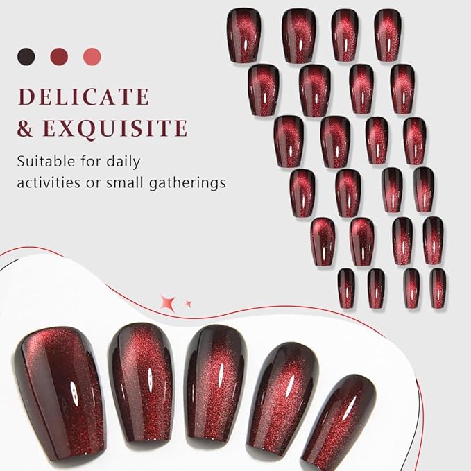 evpct Deep Burgundy Red Cat Eye Press on Nails Square Medium Coffin, Medium Square Stick on Nails for Women Gift, Dark Red Metallic Glitter Glossy Reusable Spring Summer Gel Press on Acrylic Fake Nail