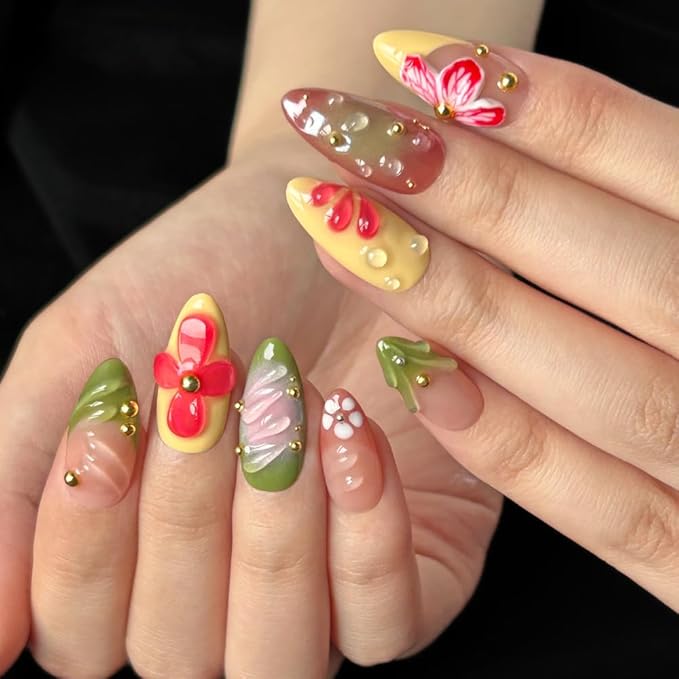 10 Pcs Handmade Press on Nails Medium Almond Fake Nails French Tip False Nails with 3D Floral Design Summer Thick Acrylic Nails Press ons Reusable False Nails for Women (L)
