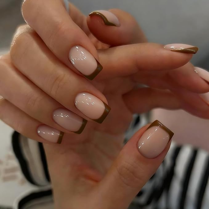 Clear Semi Cured Gel Nail Strips French Tip 20Pcs Olive Brown UV Gel Nail Stickers Glossy Nails Polish Strips UV/LED Light Needed Self Adhesive Full Polish Nails Wraps for Women