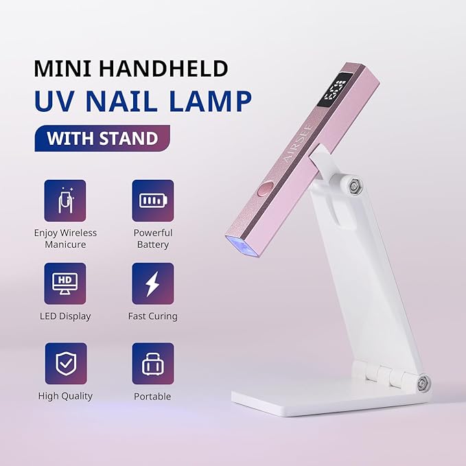 AIRSEE Cordless Nail Lamp with Stand, Handheld UV Light with LCD Display for Gel Nails,Rechargeable USB Nail Dryer for Fast Cure,Rhinestone Glue Decoration,Gel Nail Strips at Home,Travel(Pink)