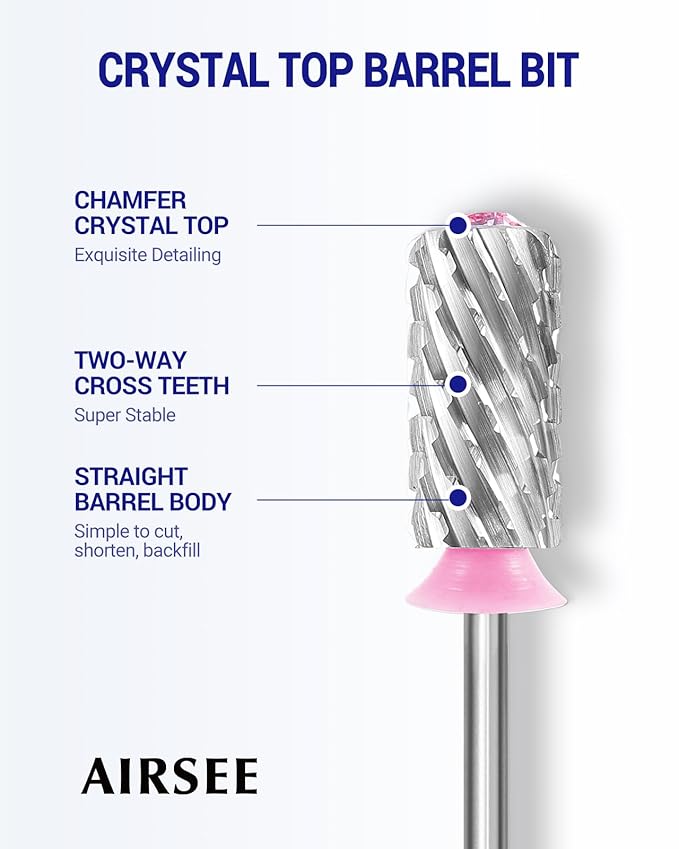 AIRSEE Tungsten Carbide Acrylic Nail Drill Bit Efile Electric File Machine Head Tip for Manicure Polishing Art Remove Gel 3/32" 2 Way Beginner Safety Pink Crystal Top Barrel 3X Coarse-3XC