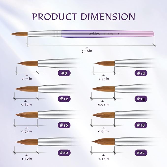 Aokitec 100% Kolinsky Acrylic Nail Brush #14 Oval Crimped Sable Wood Nail Art Brush for Acrylic Application Manicure Tool (Purple)