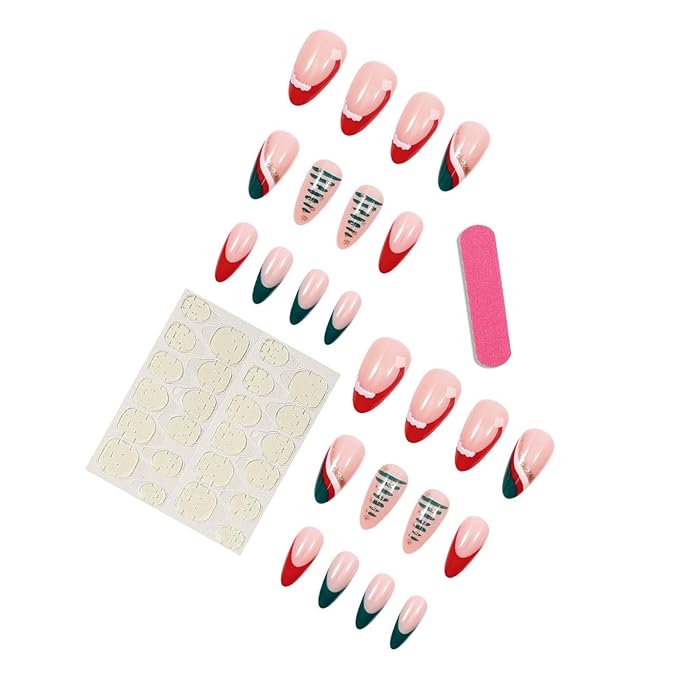 Press On Nails Almond Christmas, French Tip Press on Nails Short, Glue On Nails for Women Gift, Supremely Fit Natural Reusable Stick On Nails in 12 Sizes -24 Fake Nails Kit, Wave Christmas Tree