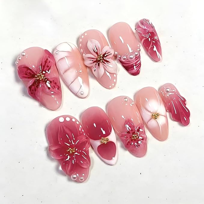 Flower Press on Nails Medium Almond Fake Nails Butterfly Flower Nails Press Ons with 3D Design Glossy False Nails Pearl Glue on Nail Summer Spring Stick on Nail for Women Decorations 30Pcs