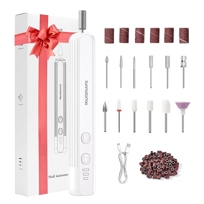 Electric Nail File Set,Professional 3 Speeds Cordless Electric Nail Drill Kit for Acrylic Gel Nails,12 in 1 Manicure and Pedicure Tools for Home Salon(White)