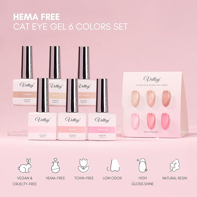 vettsy HEMA-Free Nude & Pink Gel Nail Polish Kit - 6 Elegant Long-Lasting Soak-Off UV/LED Gel Polishes - Vegan & Cruelty-Free for Healthy, Chip-Resistant Nails
