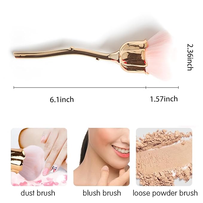 WOKOTO 2pcs Red And Gold Rose Shape Nail Dust Brushes Make Up Brush Set Nail Art Powder Remover Brushes Soft Foundation Brush Cleaning Dust Cleaner Brush For Nail Trimming Cleaning Tools For Nails