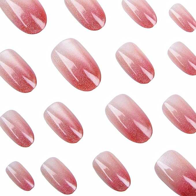 Ombre Press on Nails - Short Oval Red Ombre Fake Nails Press ons with Cat Eye Designs, Glossy Acrylic Nails Full Cover Reusable Glue on Nails for Women Manicure 24Pcs