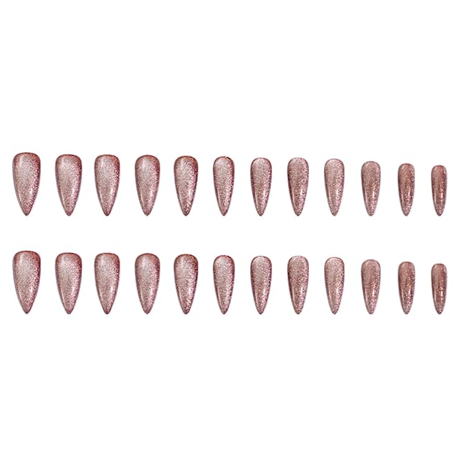 Press-On Nails, Syrup - 24 Pcs Reusable Acrylic False Nails in Stiletto Shape, Medium Long Almond with Cat Eye Design, Full Well Tips, Pink Shimmery Finish, for Women and Girls