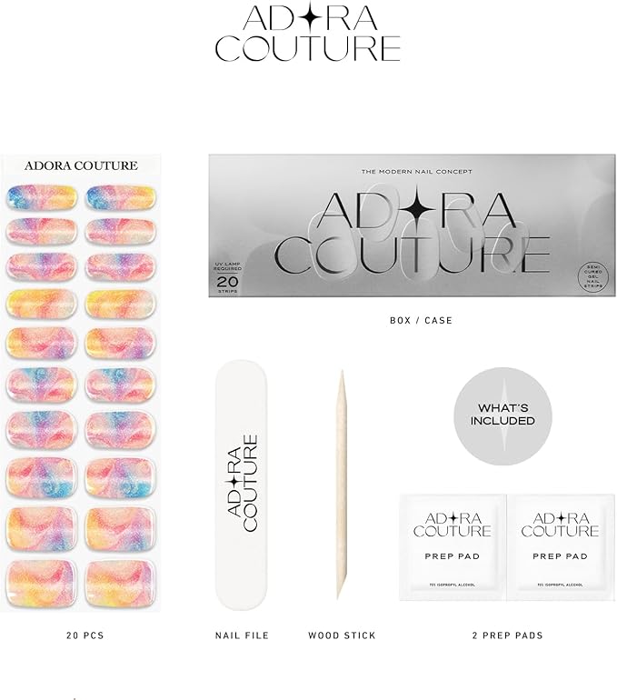 Semi Cured Gel Nail Strips with 20 Pieces - UV Gel Stickers, Manicure Kit, Easy Application Wraps Includes Prep Pads, Nail File, Wooden Stick - UV Light Required (Holographic Pearl)